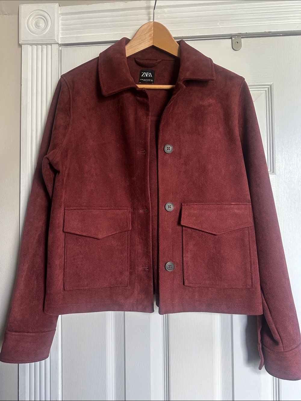 Zara Womens Suede like Burgundy Button-Front Jacket